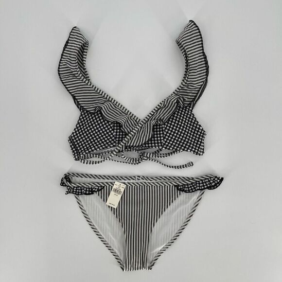 Aerie Seersucker Ruffle Wrap Bikini Scoop Top Swimsuit Set XS Black White NWT - Picture 2 of 9